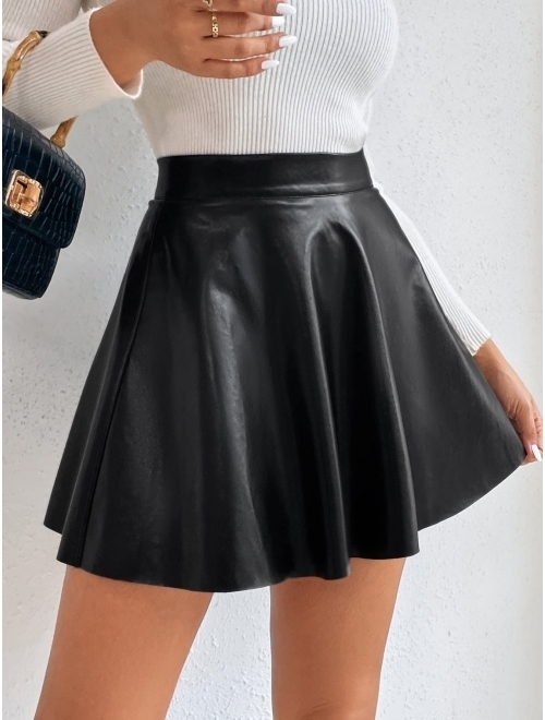 MakeMeChic Women's Faux PU Leather High Waist Flare Skater Short Mini Skirt