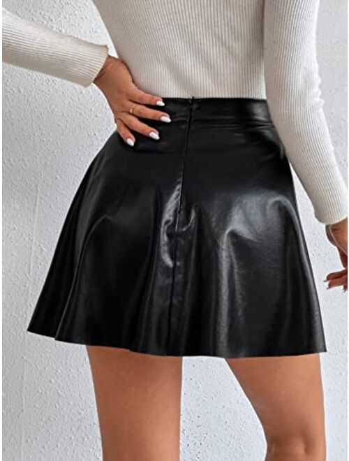 MakeMeChic Women's Faux PU Leather High Waist Flare Skater Short Mini Skirt