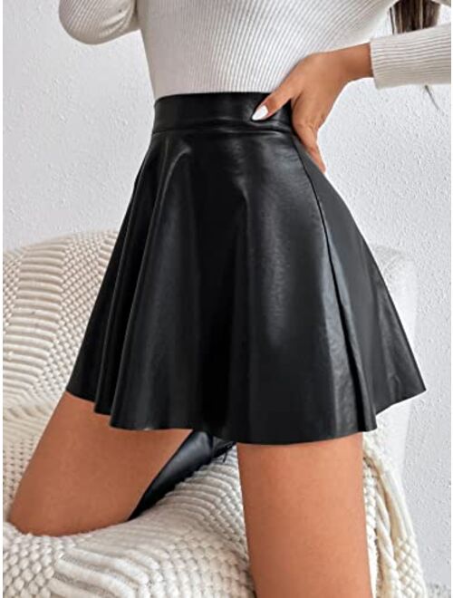 MakeMeChic Women's Faux PU Leather High Waist Flare Skater Short Mini Skirt