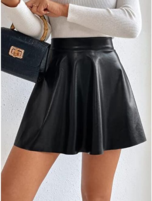 MakeMeChic Women's Faux PU Leather High Waist Flare Skater Short Mini Skirt