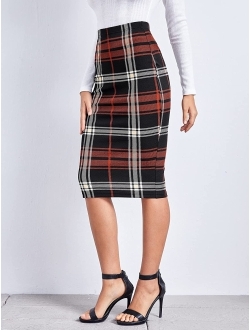 Women's Casual Plaid Print High Waist Knee Length Bodycon Pencil Skirt