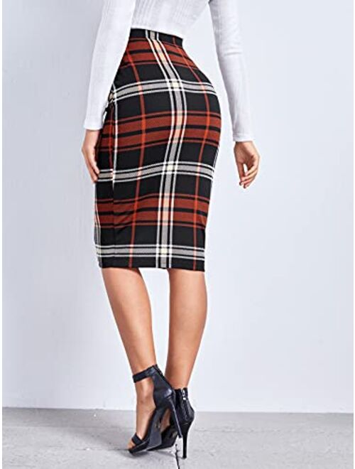 MakeMeChic Women's Casual Plaid Print High Waist Knee Length Bodycon Pencil Skirt