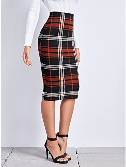 MakeMeChic Women's Casual Plaid Print High Waist Knee Length Bodycon Pencil Skirt