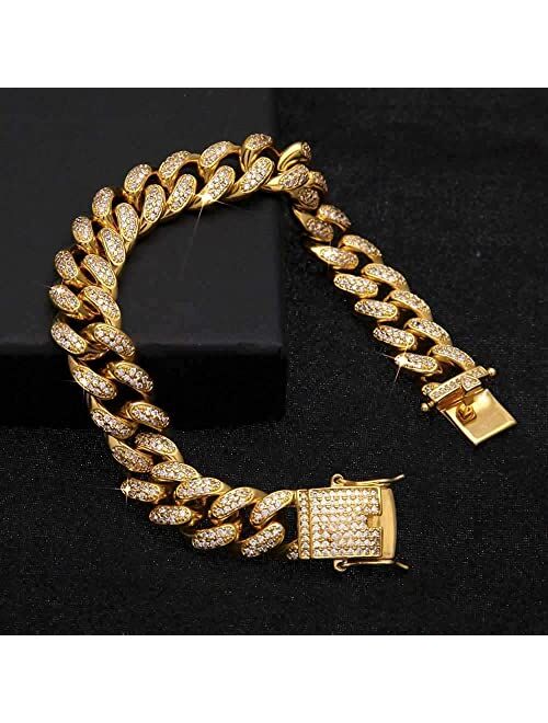 Apzzic 12mm Gold Plated Hip Hop Iced Out Full CZ Prong Diamond Miami Cuban Link Chain Necklace Bracelet with Giftbox for Men and Women