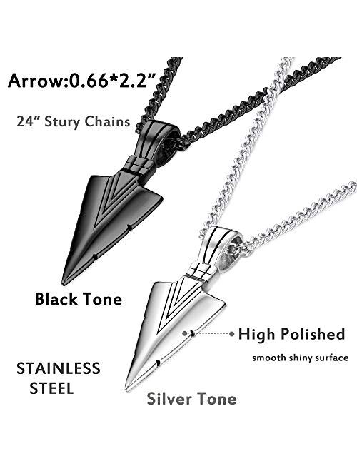 Jstyle Stainless Steel Pendant Necklace for Mens Boys Cool Spearpoint Arrowhead Pendant Chain Necklace Set Black & Silver Tone