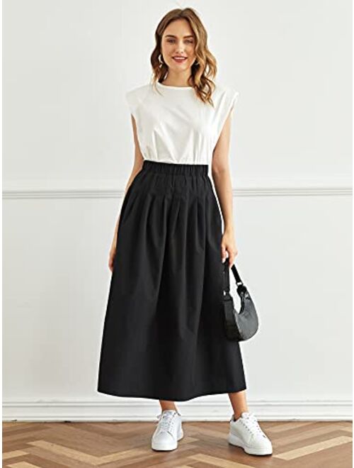 MakeMeChic Women's Casual Elastic High Waist Pleated Long Skirt
