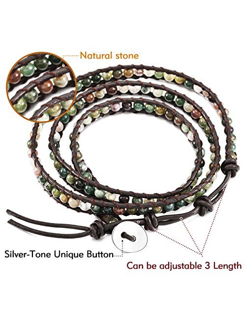 MOWOM Layered Bracelets for Women Men Genuine Leather Bracelet Rope Bangle Cuff Crystal Gemstone Bohemian Style & Beads Braided 3/5 Wraps Adjustable Handmade Jewelry Gift