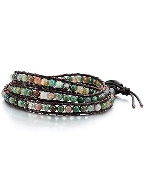 MOWOM Layered Bracelets for Women Men Genuine Leather Bracelet Rope Bangle Cuff Crystal Gemstone Bohemian Style & Beads Braided 3/5 Wraps Adjustable Handmade Jewelry Gift