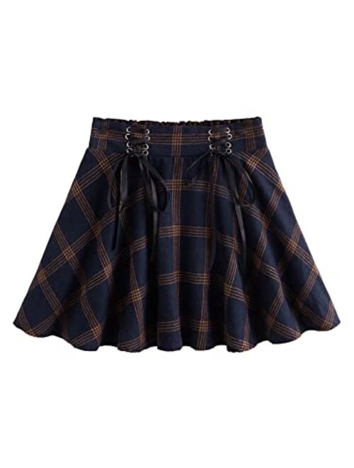 MakeMeChic Women's Gothic Plaid Lace Up High Waist A Line Pleated Mini Skater Skirt