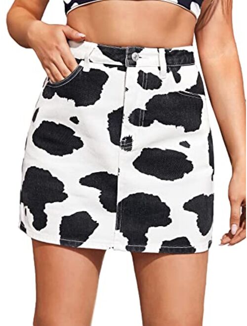 MakeMeChic Women's Cow Print High Waist Mini Denim Skirt