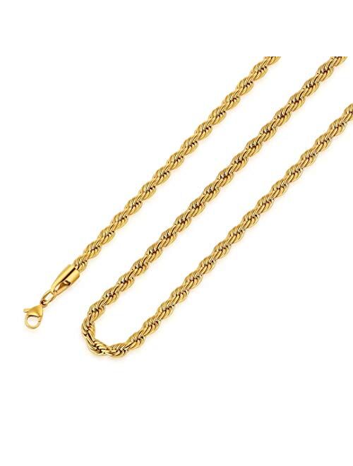 M MOOHAM 2.5MM 3MM 4MM 5MM Black Silver Gold Plated Stainless Steel Twist Rope Chain Necklace for Men Women 16-36 Inch