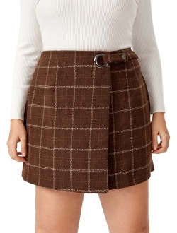 Women's Plus Size Plaid Print Button Wrap Wool Mini Skirt