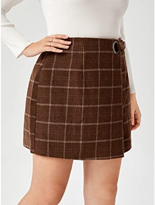 MakeMeChic Women's Plus Size Plaid Print Button Wrap Wool Mini Skirt