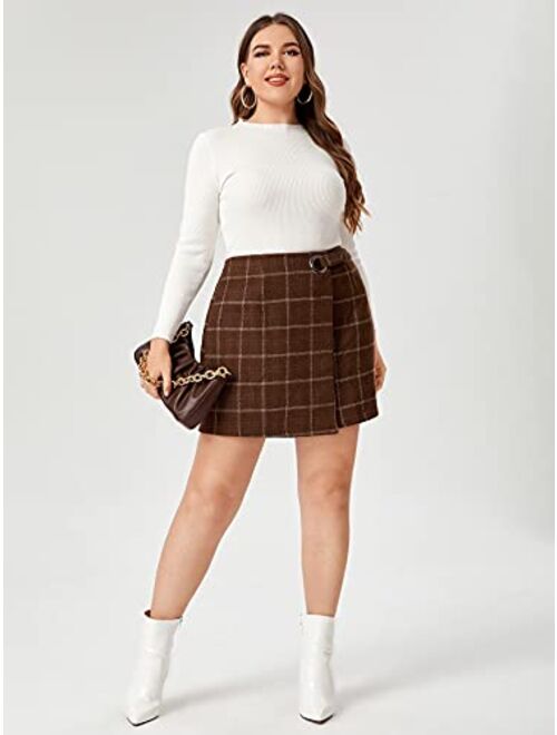 MakeMeChic Women's Plus Size Plaid Print Button Wrap Wool Mini Skirt