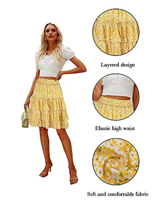 Hibluco Women's Floral High Waist Tiered Leopard Mini Skirt Layered Casual Skirt