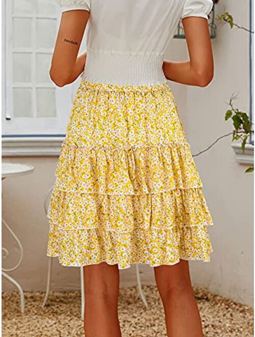 Hibluco Women's Floral High Waist Tiered Leopard Mini Skirt Layered Casual Skirt