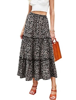 Hibluco Women's Floral Midi Skirts Elastic High Waist A-Line Swing Skirts