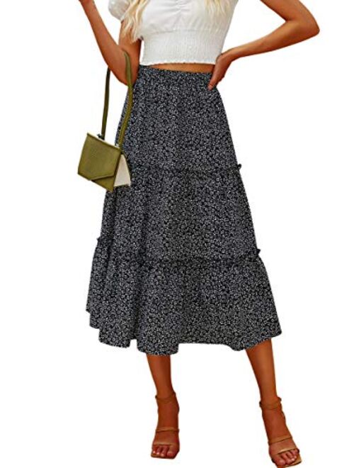 Hibluco Women's Floral Midi Skirts Elastic High Waist A-Line Swing Skirts