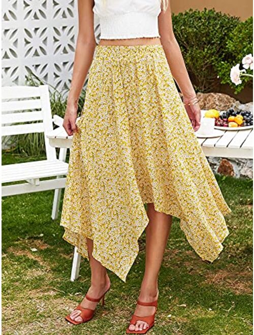 Hibluco Women's Midi Skirt High Waist Asymmetrical Floral Skirt Boho Skirts