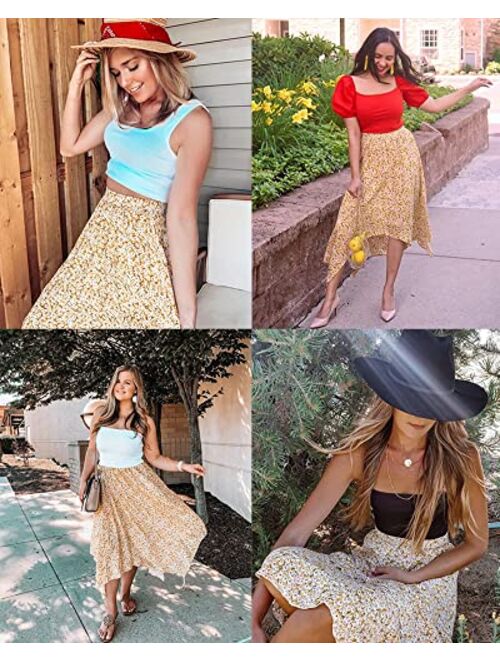 Hibluco Women's Midi Skirt High Waist Asymmetrical Floral Skirt Boho Skirts