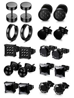 FIBO STEEL 10 Pairs Stainless Steel Black Stud Earrings for Men Women Huggie Earring Ear Piercing Set Hoop