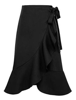 Women's Elegant Work Wear Adjustable Waist Flounce A-Line Plaid Midi Wrap Skirt