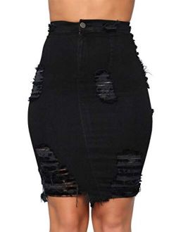 Women's Stretchy High Waist Butt-Lifting Bodycon Ripped Denim Pencil Skirt