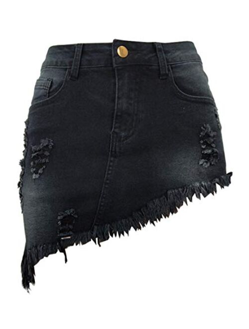 chouyatou Women's Stretch Fit 5-Pocket Irregular Frayed Hem Mini Denim Jean Skirt