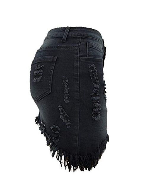 chouyatou Women's Stretch Fit 5-Pocket Irregular Frayed Hem Mini Denim Jean Skirt