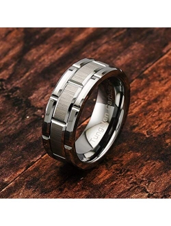 100S JEWELRY Tungsten Rings For Men Wedding Band Silver Brick Pattern Brushed Engagement Promise Size 6-16