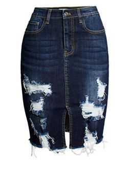 Women's Bodycon Front Split Frayed Dark Washed Midi Denim Pencil Skirt