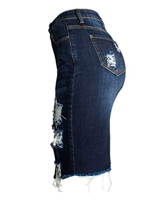chouyatou Women's Bodycon Front Split Frayed Dark Washed Midi Denim Pencil Skirt