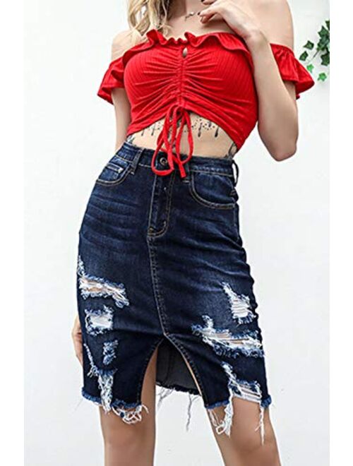 chouyatou Women's Bodycon Front Split Frayed Dark Washed Midi Denim Pencil Skirt