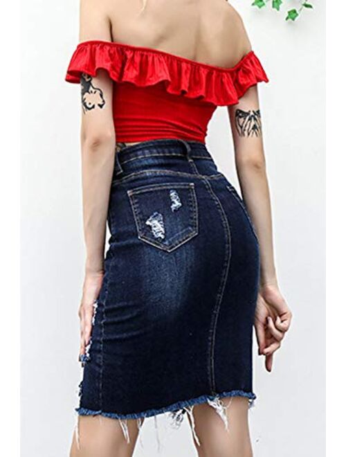 chouyatou Women's Bodycon Front Split Frayed Dark Washed Midi Denim Pencil Skirt