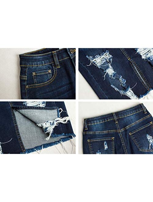 chouyatou Women's Bodycon Front Split Frayed Dark Washed Midi Denim Pencil Skirt