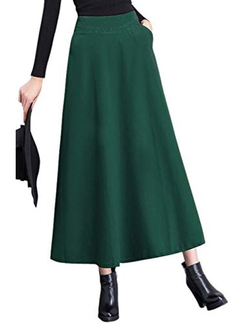 chouyatou Women's Fall Winter A-Line Swing Pleated Long Maxi Wool Skater Skirt