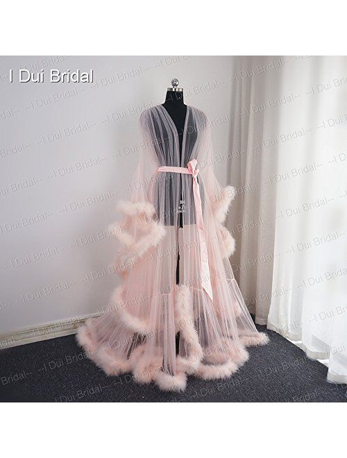 I Dui Bridal Old Hollywood Feather Robe Sexy Boudoir Robe Feather Bridal Robe Tulle Illusion Long Wedding Scarf New Custom Made
