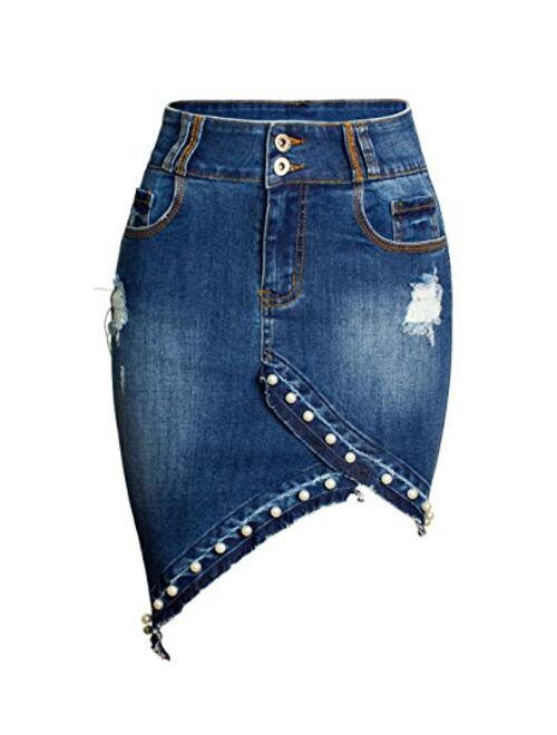 chouyatou Women's Irregular Pearl Raw Hem Bodycon Frayed Holes Pencil Jean Skirt