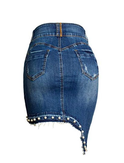chouyatou Women's Irregular Pearl Raw Hem Bodycon Frayed Holes Pencil Jean Skirt