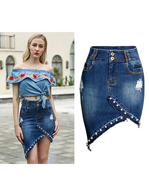 chouyatou Women's Irregular Pearl Raw Hem Bodycon Frayed Holes Pencil Jean Skirt
