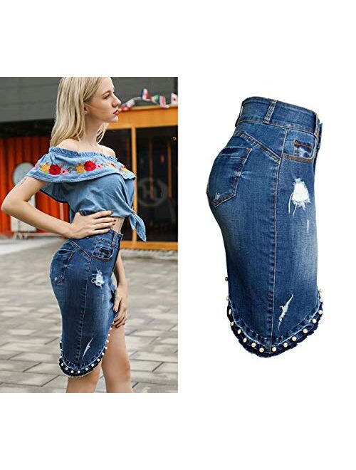 chouyatou Women's Irregular Pearl Raw Hem Bodycon Frayed Holes Pencil Jean Skirt