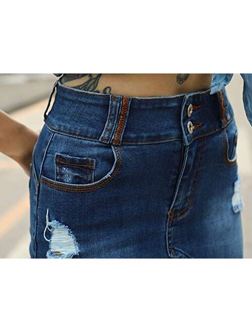 chouyatou Women's Irregular Pearl Raw Hem Bodycon Frayed Holes Pencil Jean Skirt