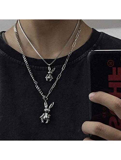 YERTTER Heavy Gothic Grunge Rabbit Pendant Easter Bunny Choker Necklace Statement Long Chain Punk Multilayer Steel Material Choker Necklace for Women and Men