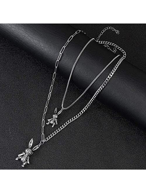 YERTTER Heavy Gothic Grunge Rabbit Pendant Easter Bunny Choker Necklace Statement Long Chain Punk Multilayer Steel Material Choker Necklace for Women and Men
