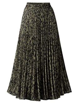 Women's Elastic Waist Leopard Print A-Line Plisse Pleated Swing Midi Length Full Skirt