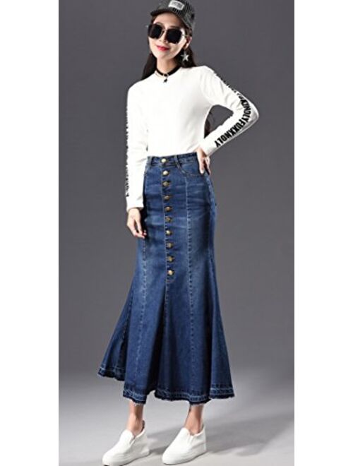 chouyatou Women's Casual Stretch High Waisted Front Button Long Denim Mermaid Skirt