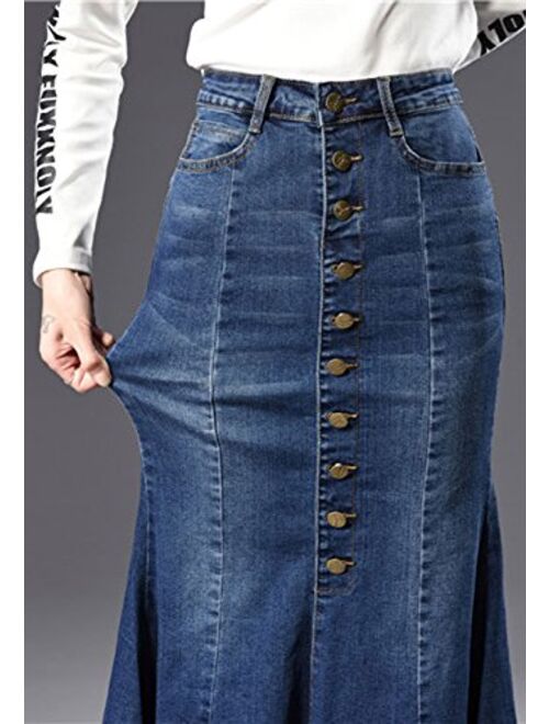 chouyatou Women's Casual Stretch High Waisted Front Button Long Denim Mermaid Skirt