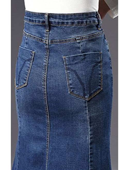 chouyatou Women's Casual Stretch High Waisted Front Button Long Denim Mermaid Skirt
