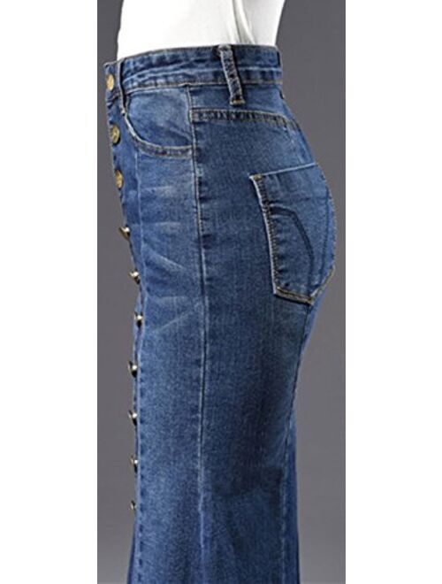 chouyatou Women's Casual Stretch High Waisted Front Button Long Denim Mermaid Skirt