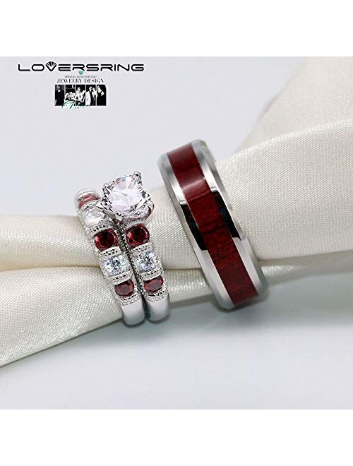 LOVERSRING Two Rings His and Hers Wedding Ring Sets Couples Rings White Gold Plated Stainless Steel Wedding Engagement Ring Bridal Sets Men's Tungsten Carbide Band